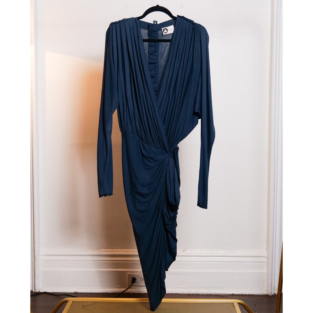 Lanvin Vintage Navy Blue Draped Ruched Viscose Silk Blend Dress (Size S)